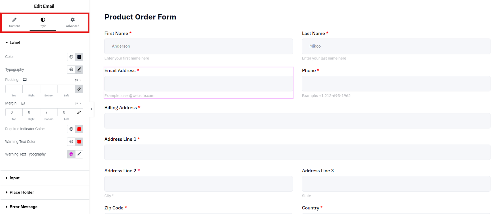 Customize your form using the content, style, and advanced settings