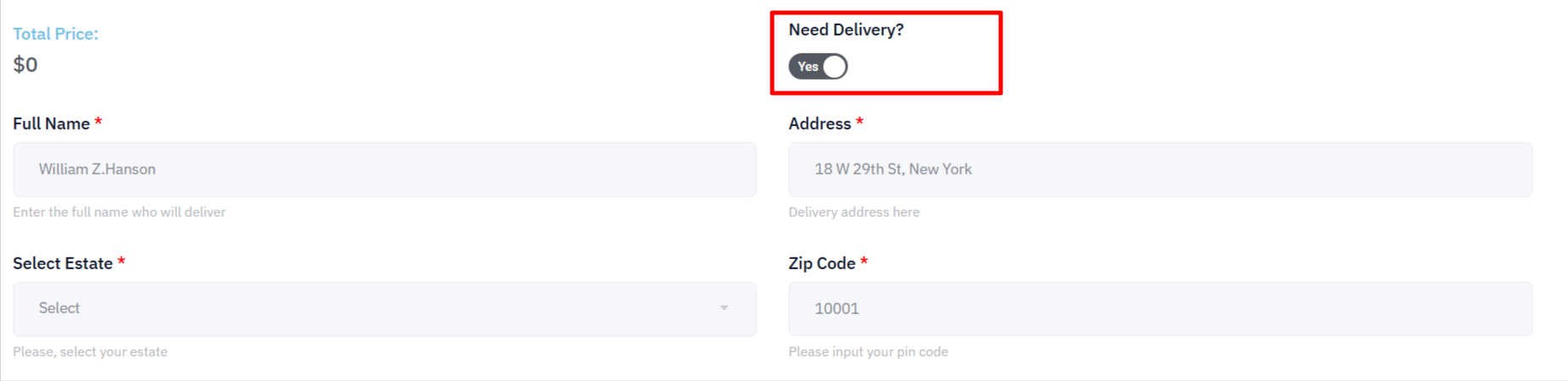 Delivery details fields for a food order form