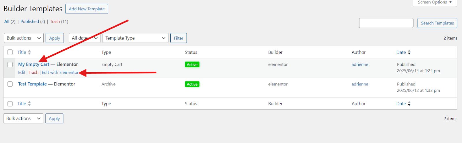 Edit empty cart template with Elementor