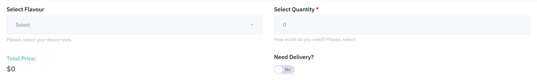Food selection fields for a food order form