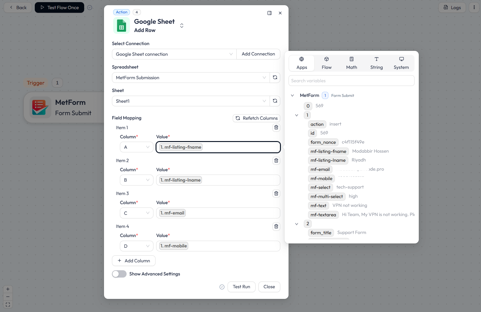 Google Sheets Field Mapping with MetForm
