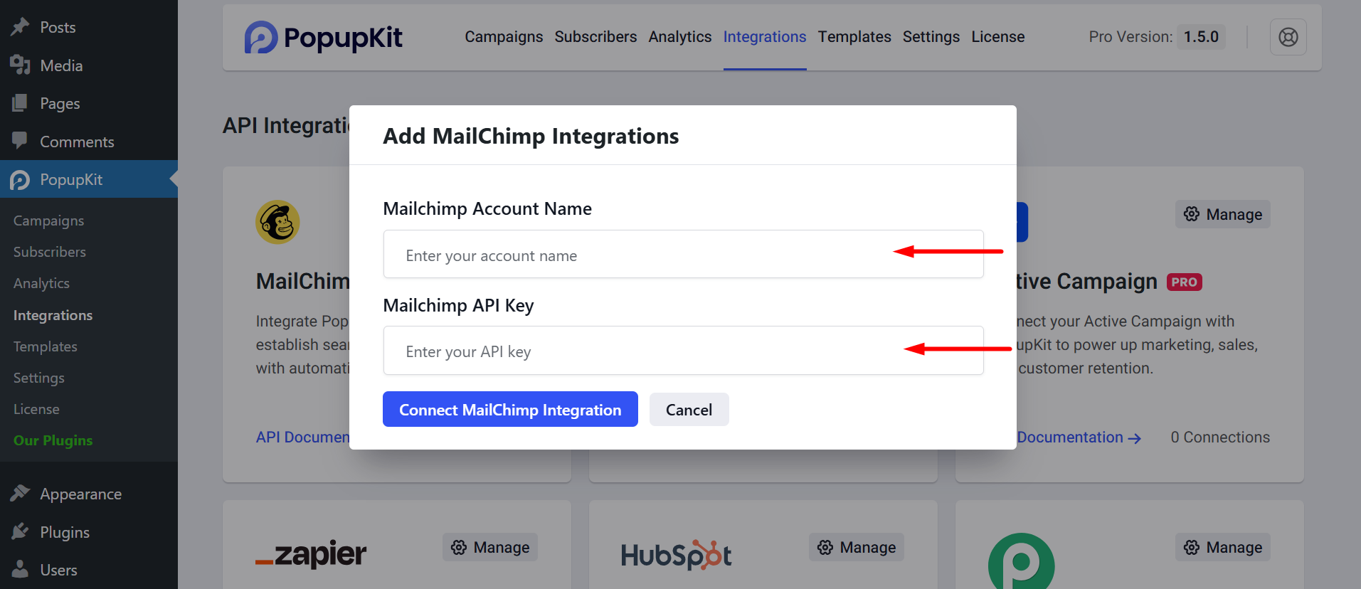 Mailchimp account name and API key