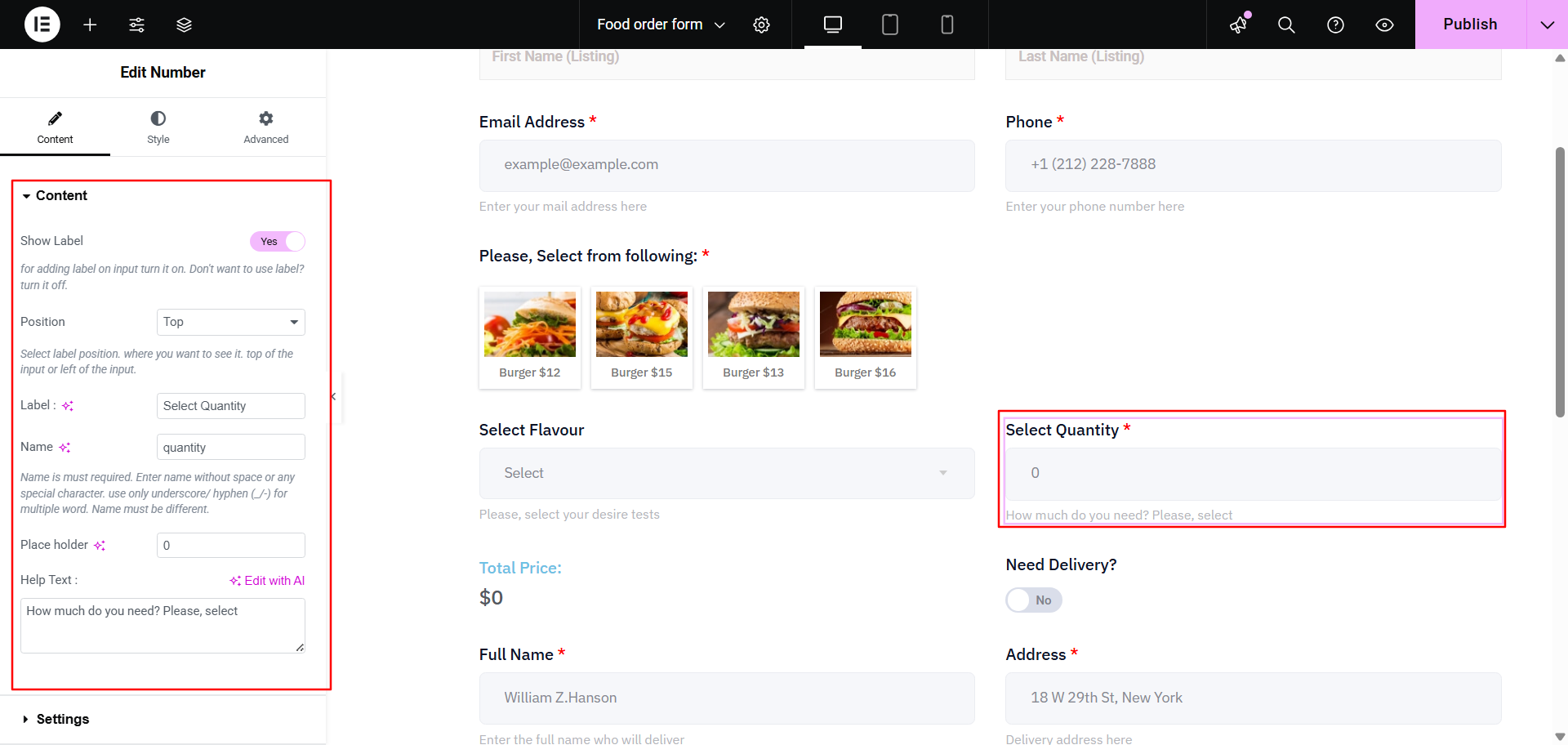 Set Order Quantity for a food order form