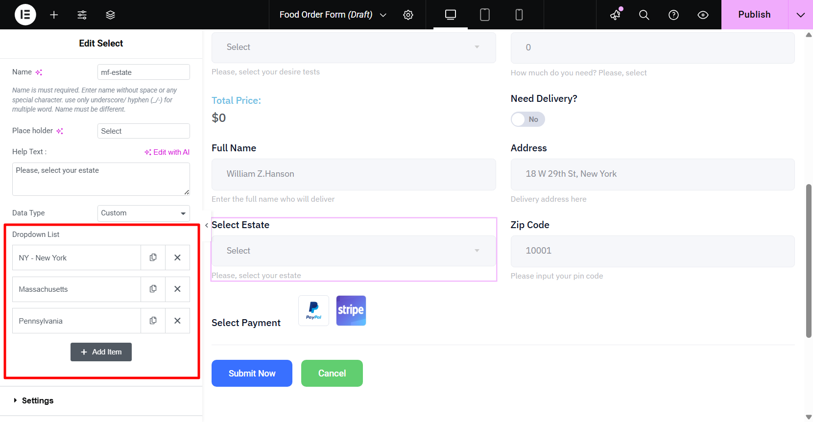 Delivery Details for a restaurant food order form template
