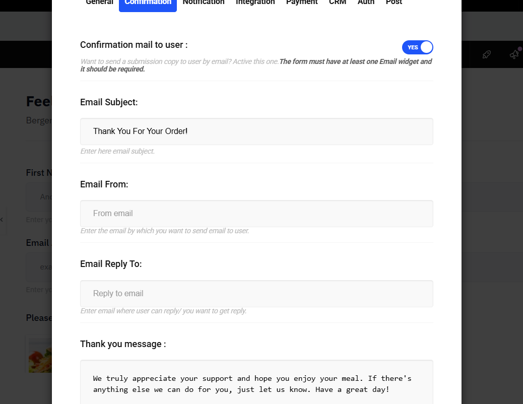 Set up confirmation mail to user
