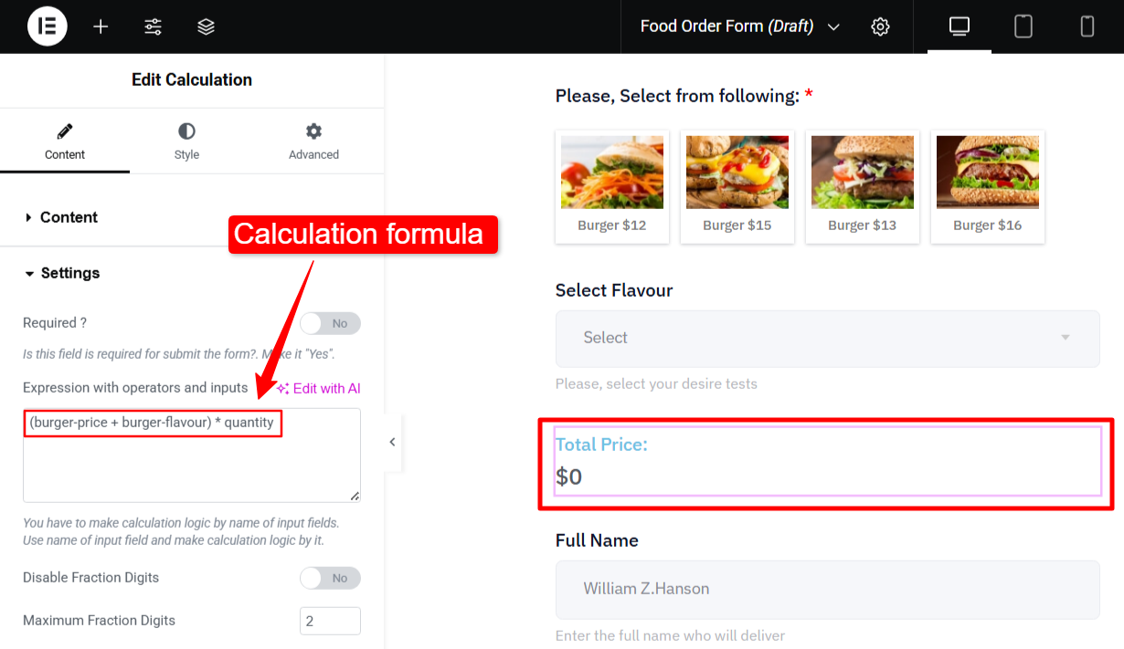 Calculate total order price in WordPress food order form