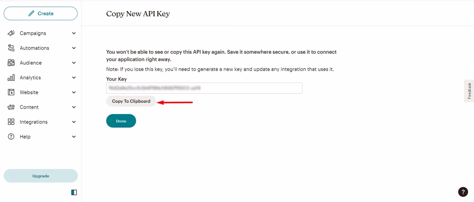copy the new API key to integrate MailChimp with WordPress form
