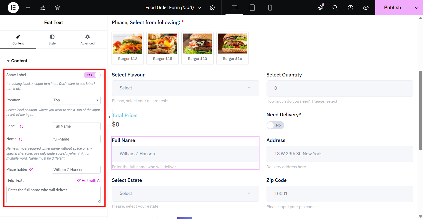 Add delivery name and address for food order form