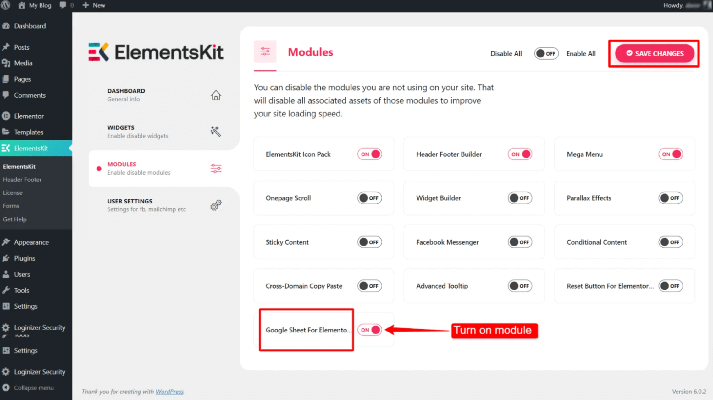 Activate module for Elementor Form to Google Sheets integration