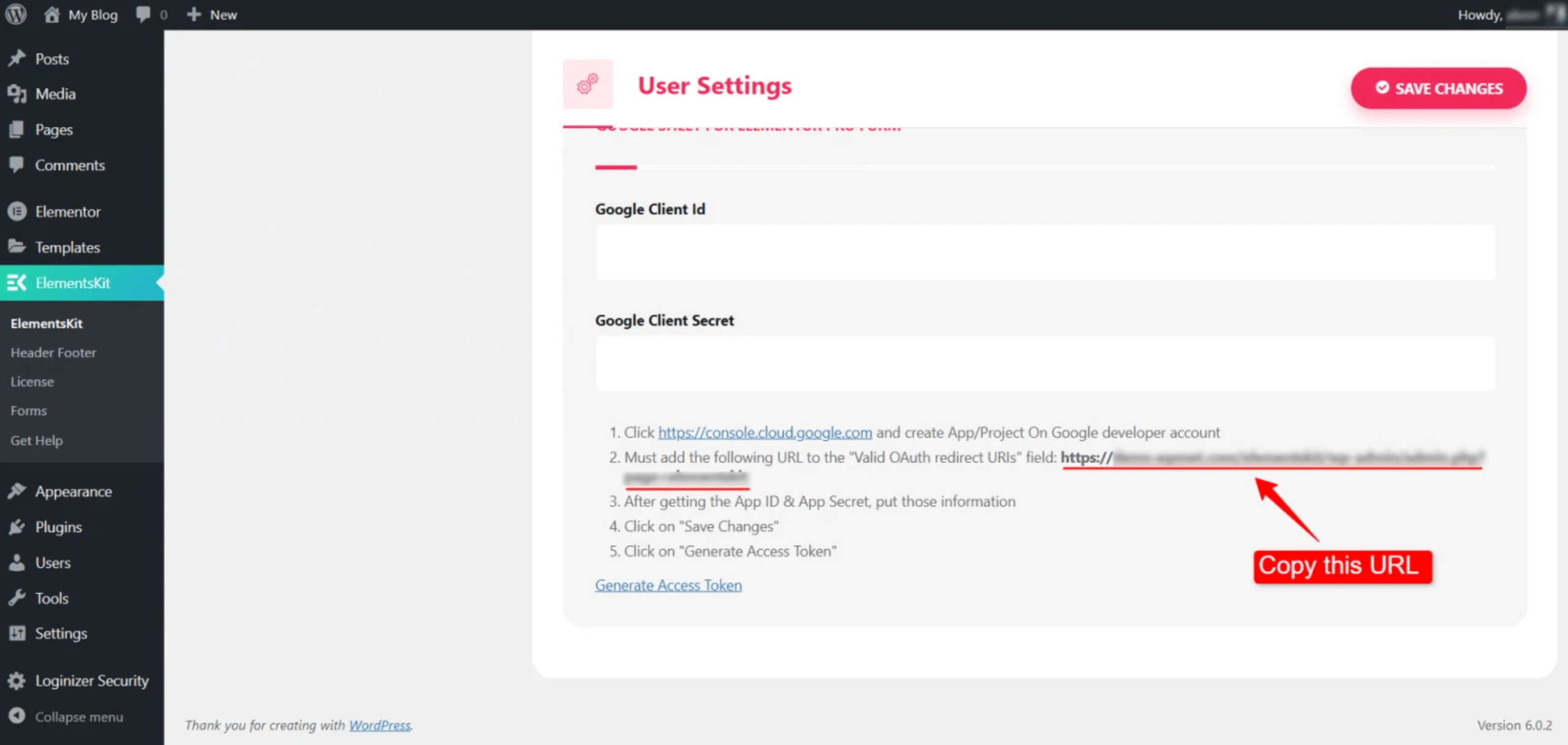 User settings for Elementor form Google Sheets integration with ElementsKit