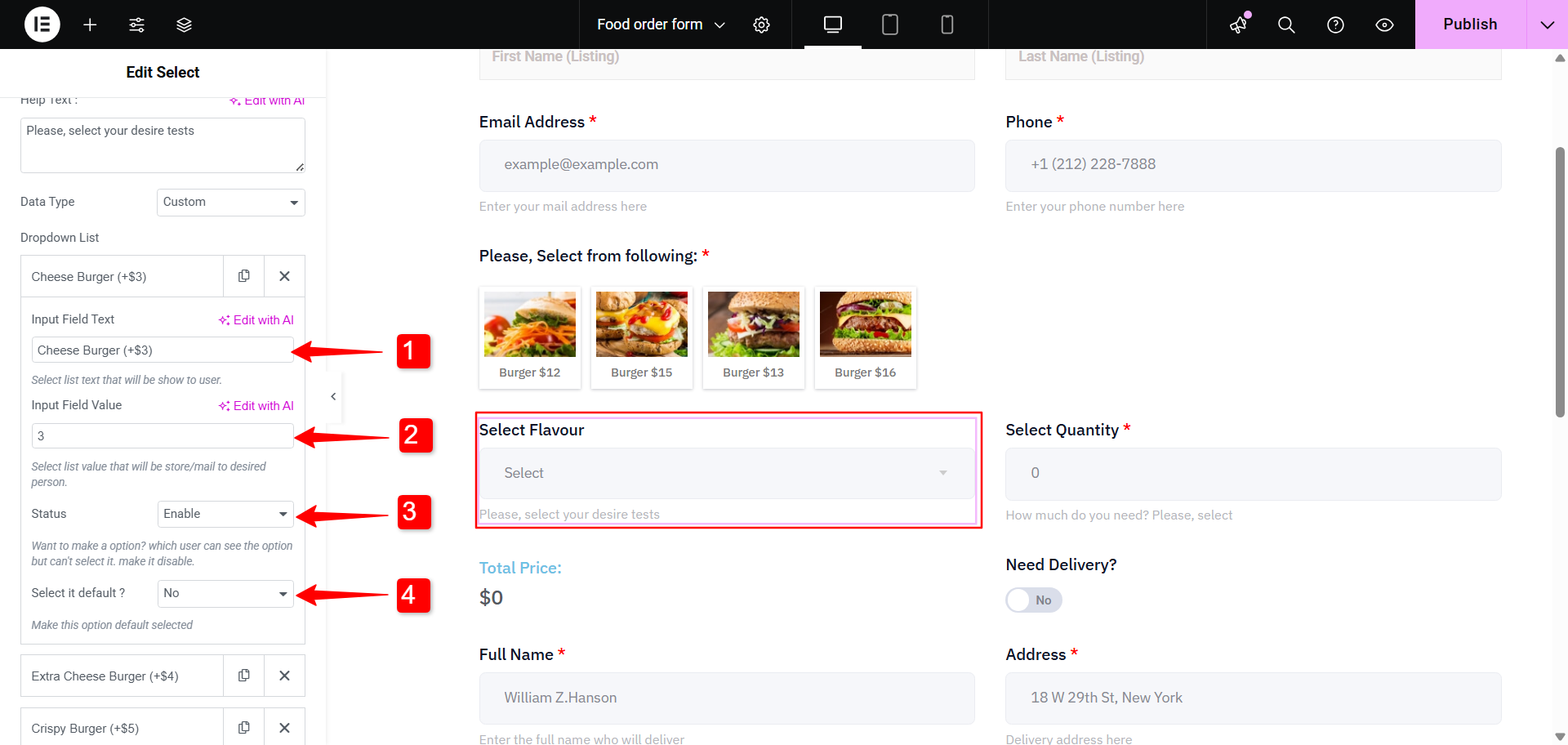 Flavor add-on in a restaurant order form menu