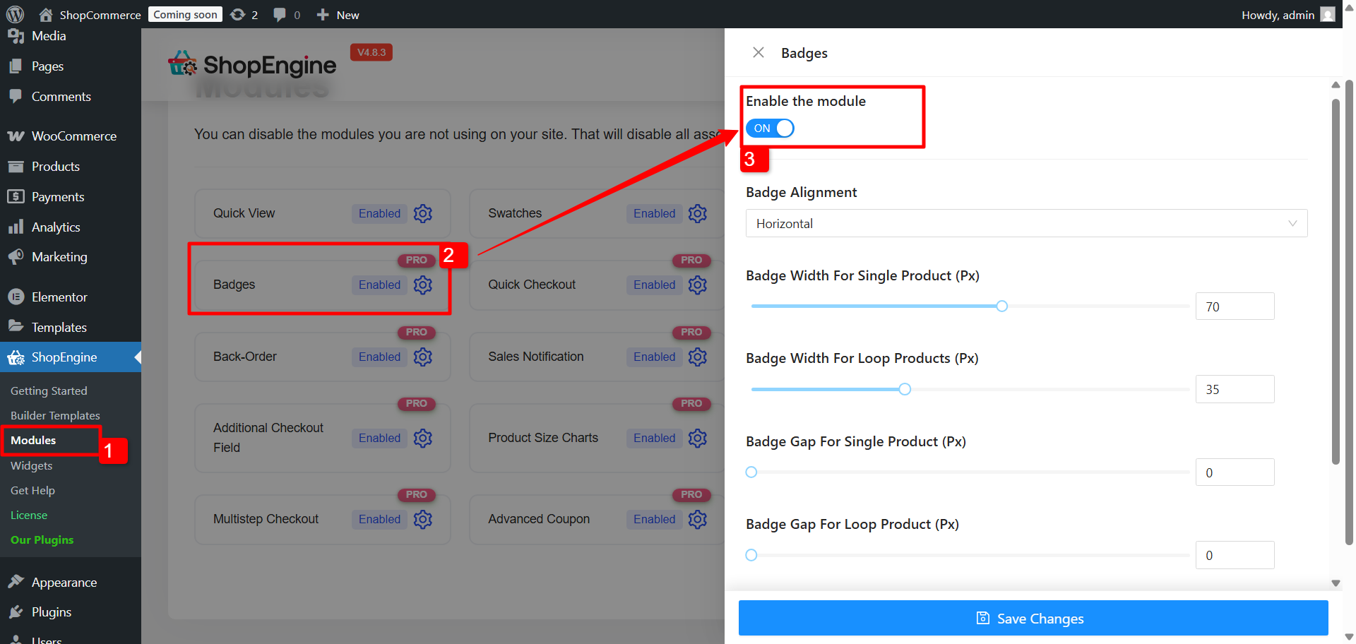 Activate the WooCommerce badge module
