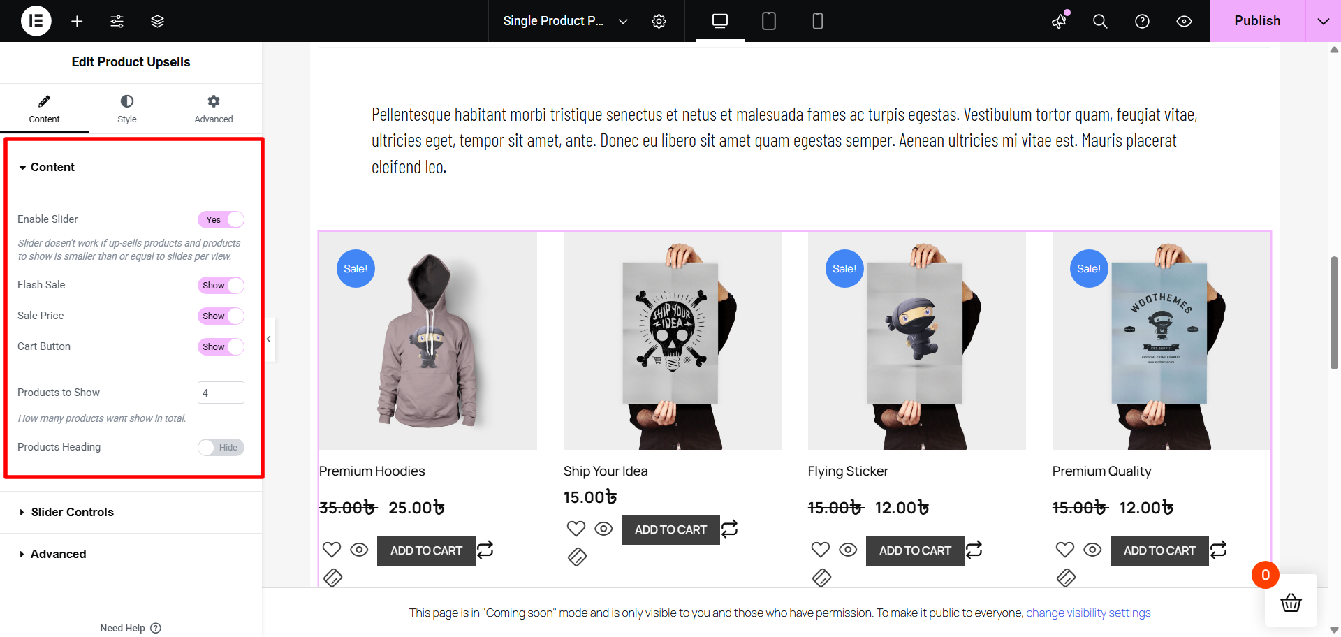 edit WooCommerce upsell in Elementor editor