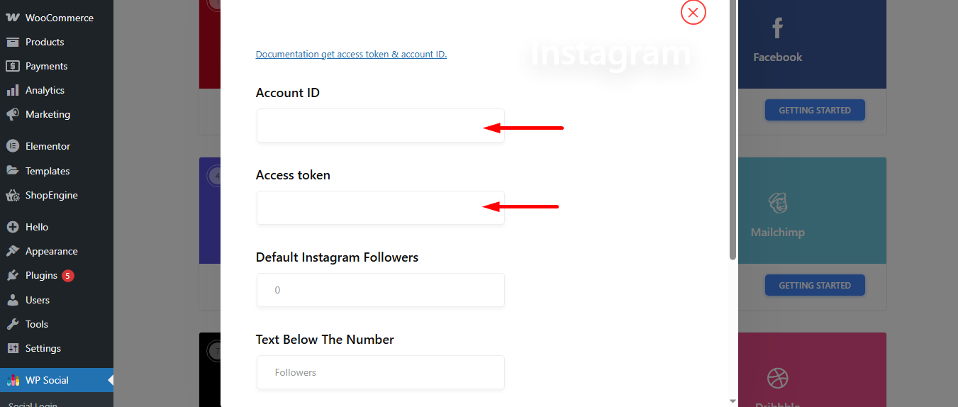 Check the popup window to insert access token and user id