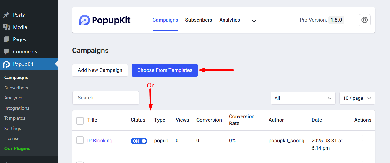 Create a campaign or choose from the old ones.