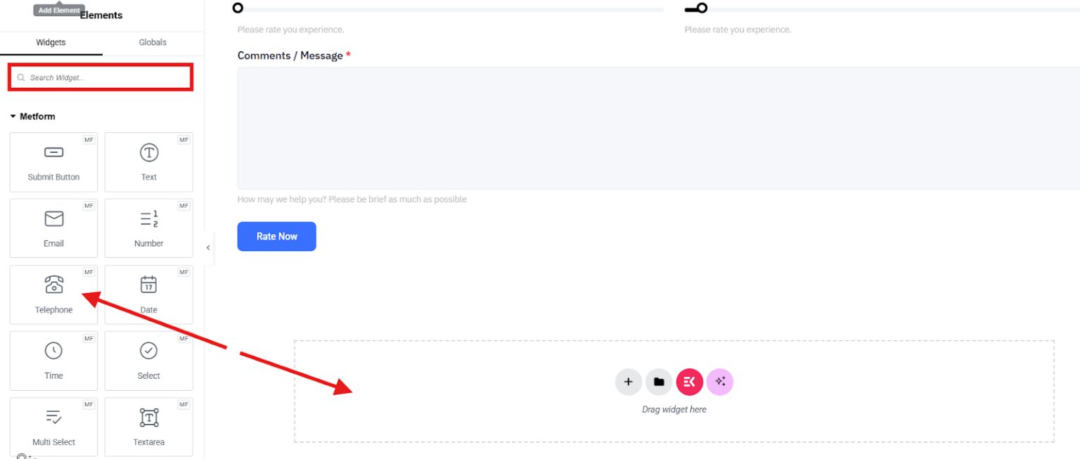 Drag and drop the widget to add form fields