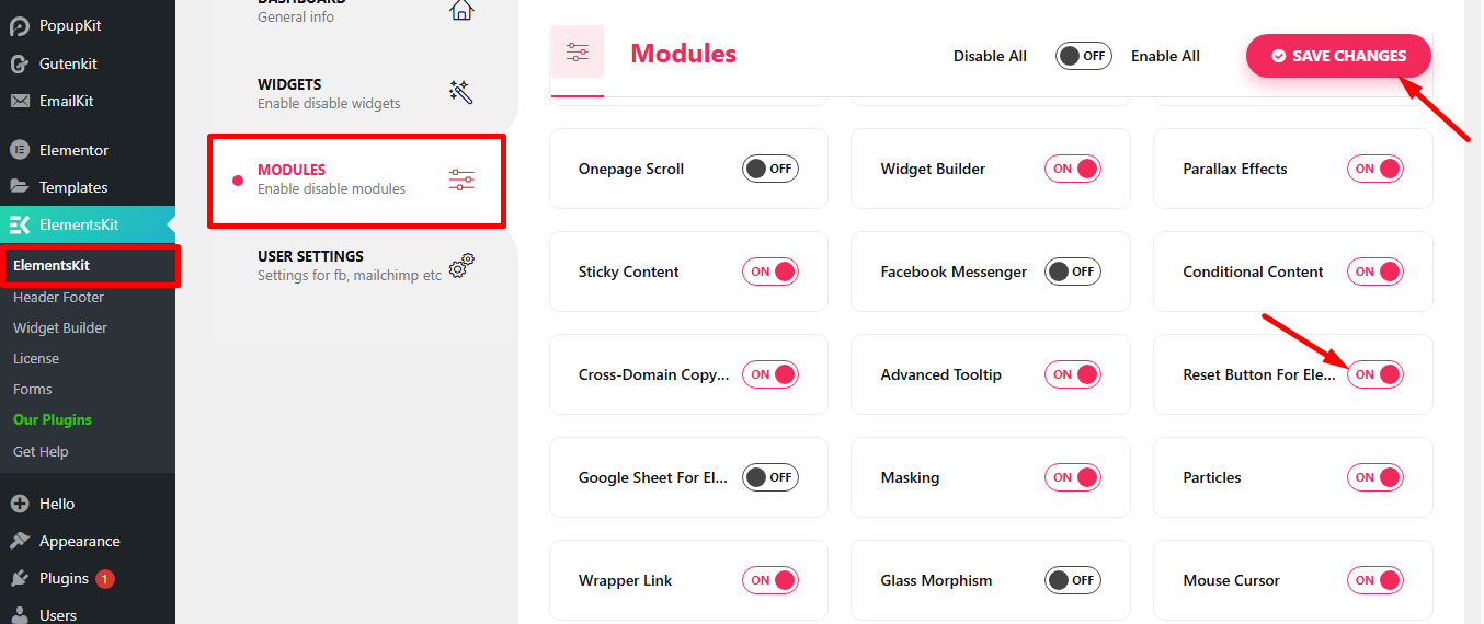Find reset button for Elementor module and turn it on