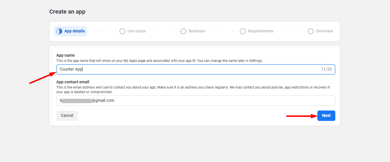 Provide App name and click on the next button