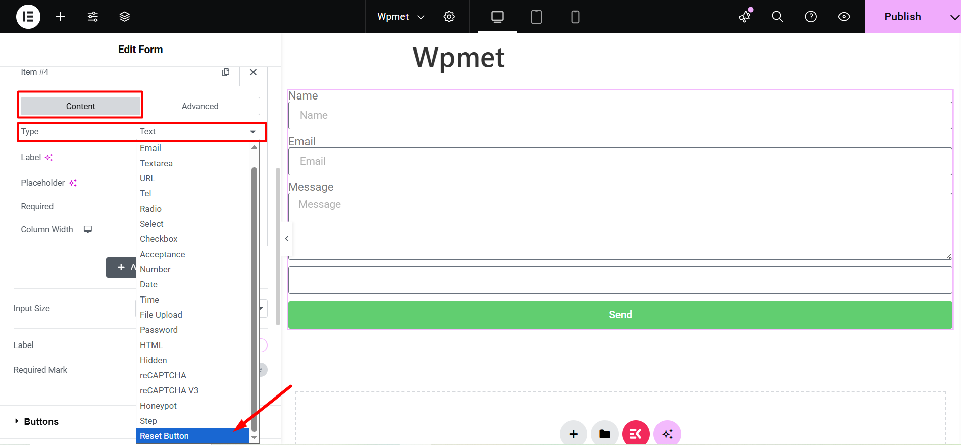 Set the type as a Reset Button from content tab