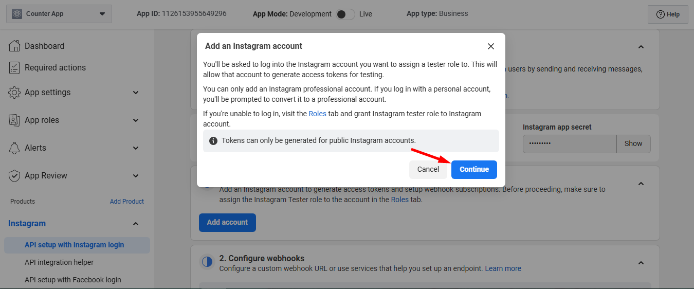 To log into the Instagram account click on the continue button