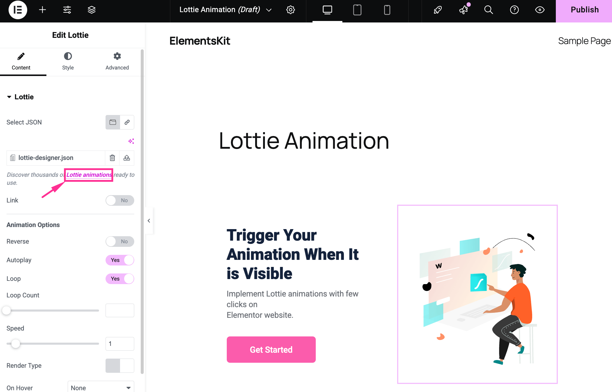 Customize Lottie content with ElementsKit