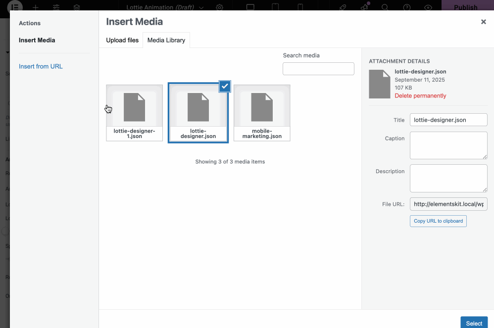 Integrate Lottie animation with the ElementsKit widget