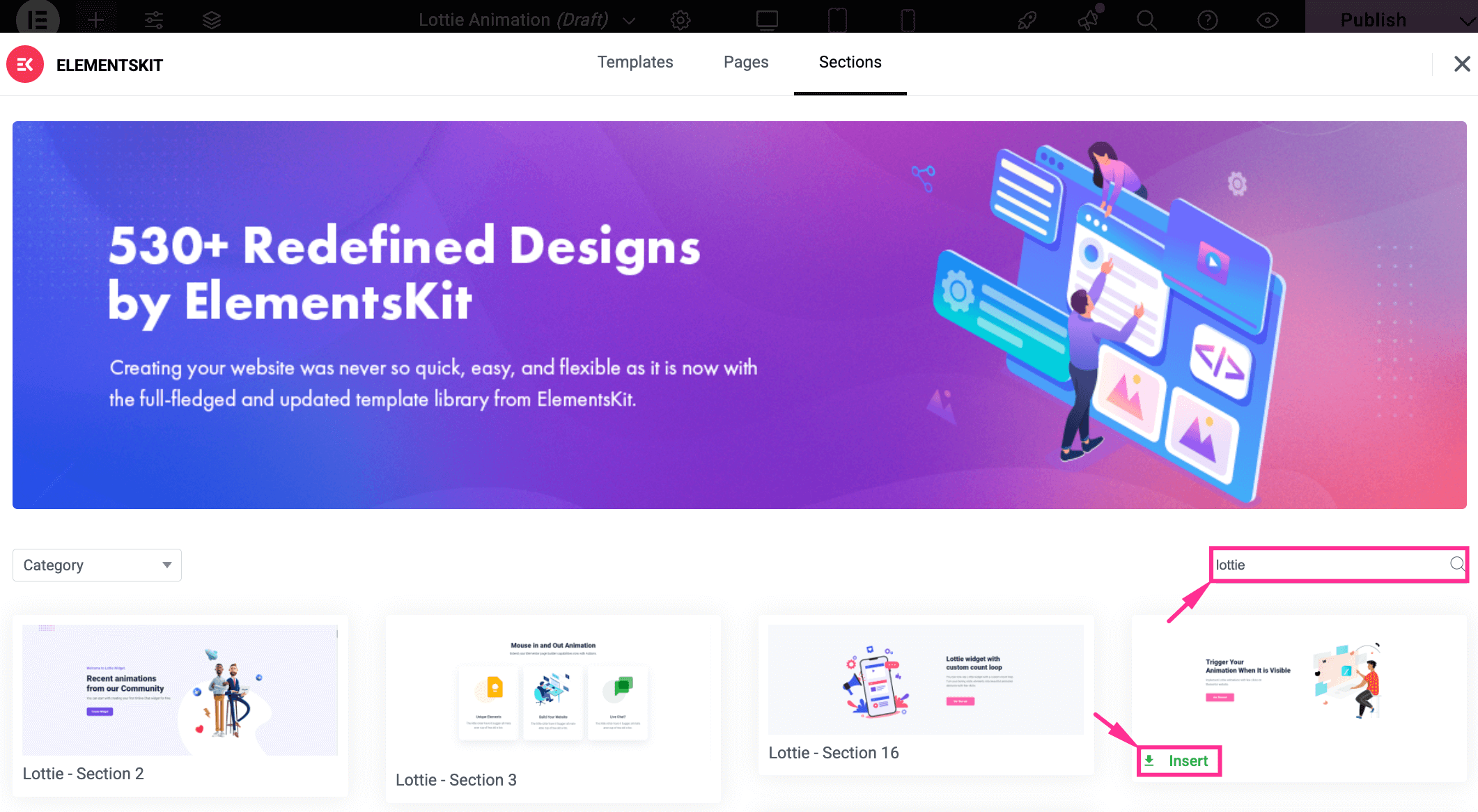 Import ElementsKit's built-in Lottie section