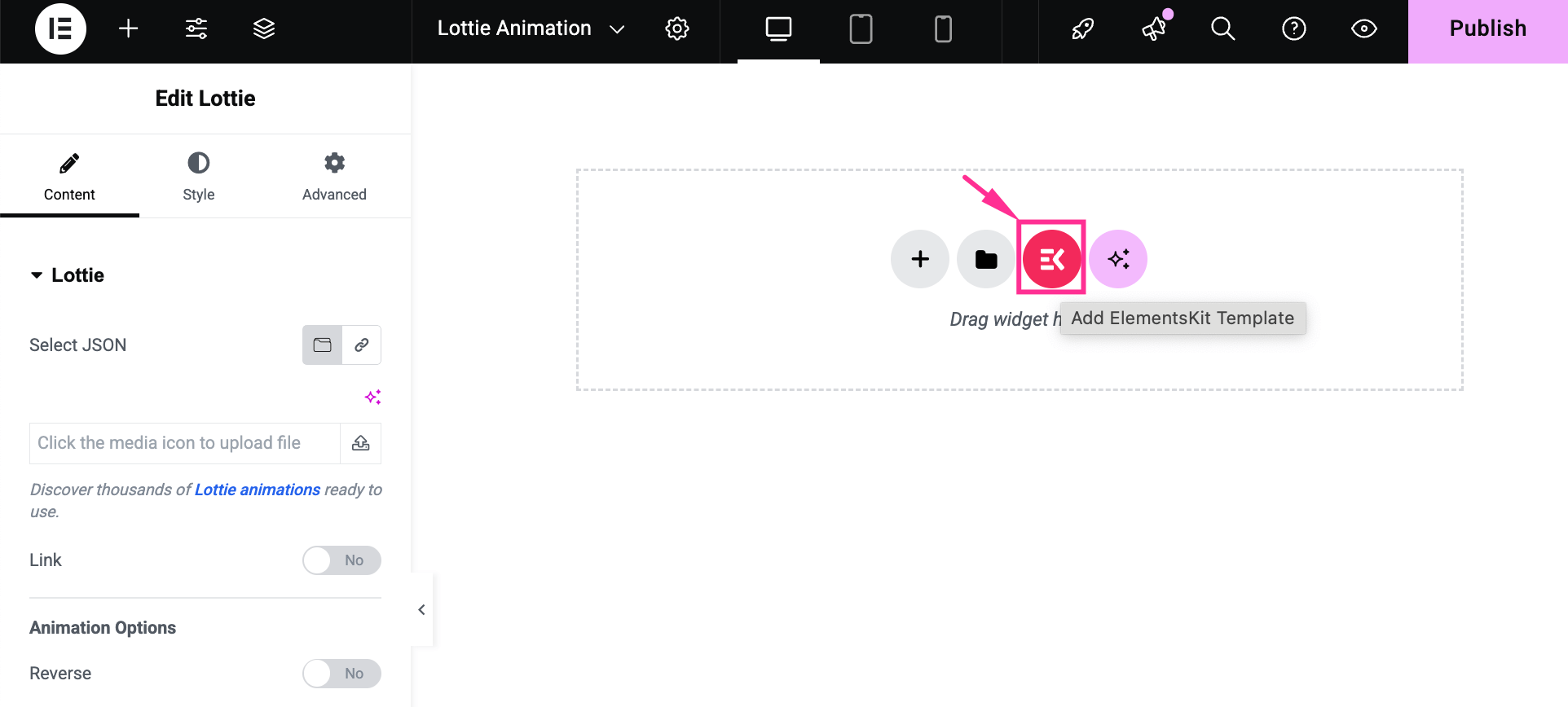 Import ElementsKit's built-in Lottie section