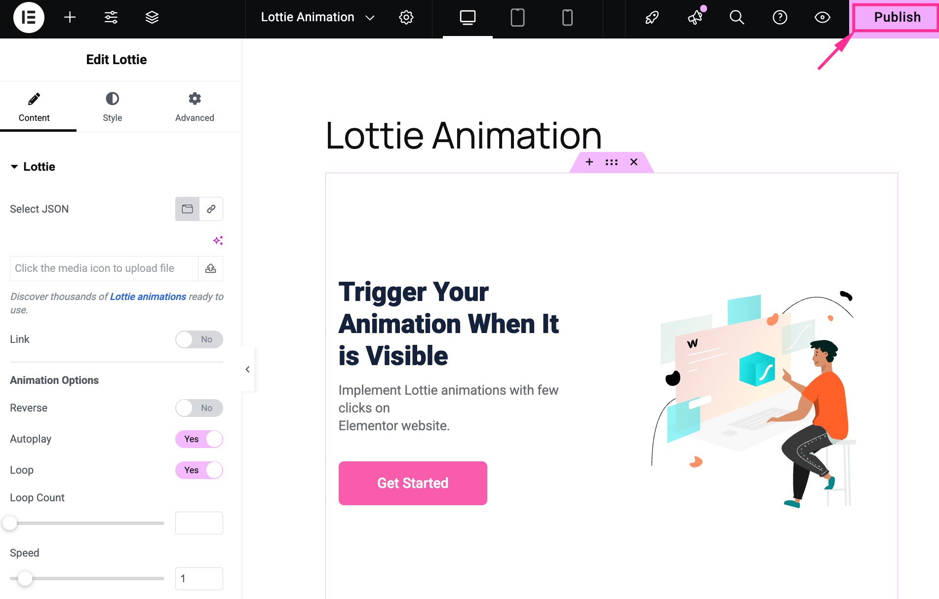Publish Lottie animation with ElementsKit