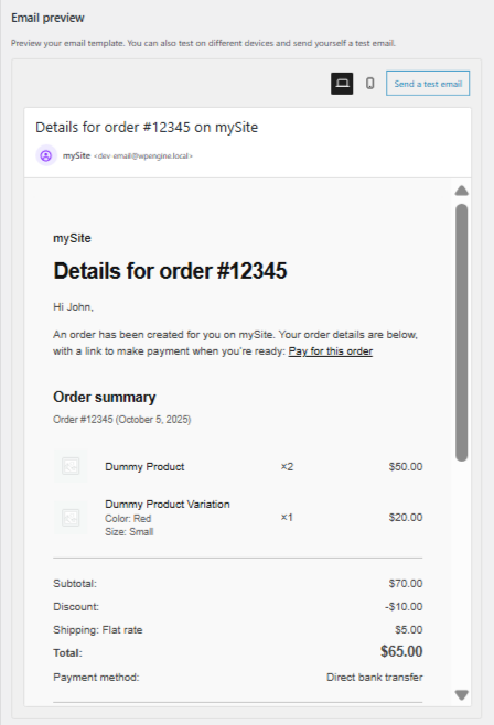 default WooCommerce invoice email