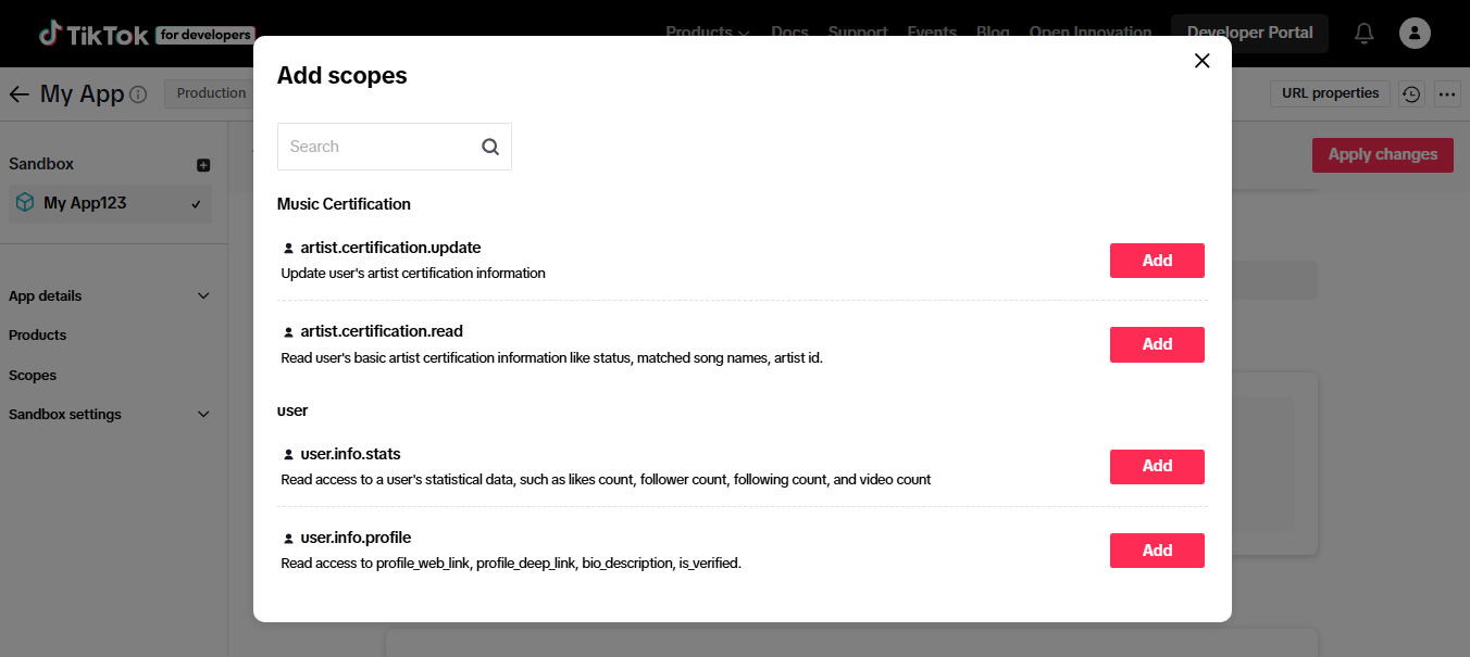 Add scopes by clicking the add button of Scopes