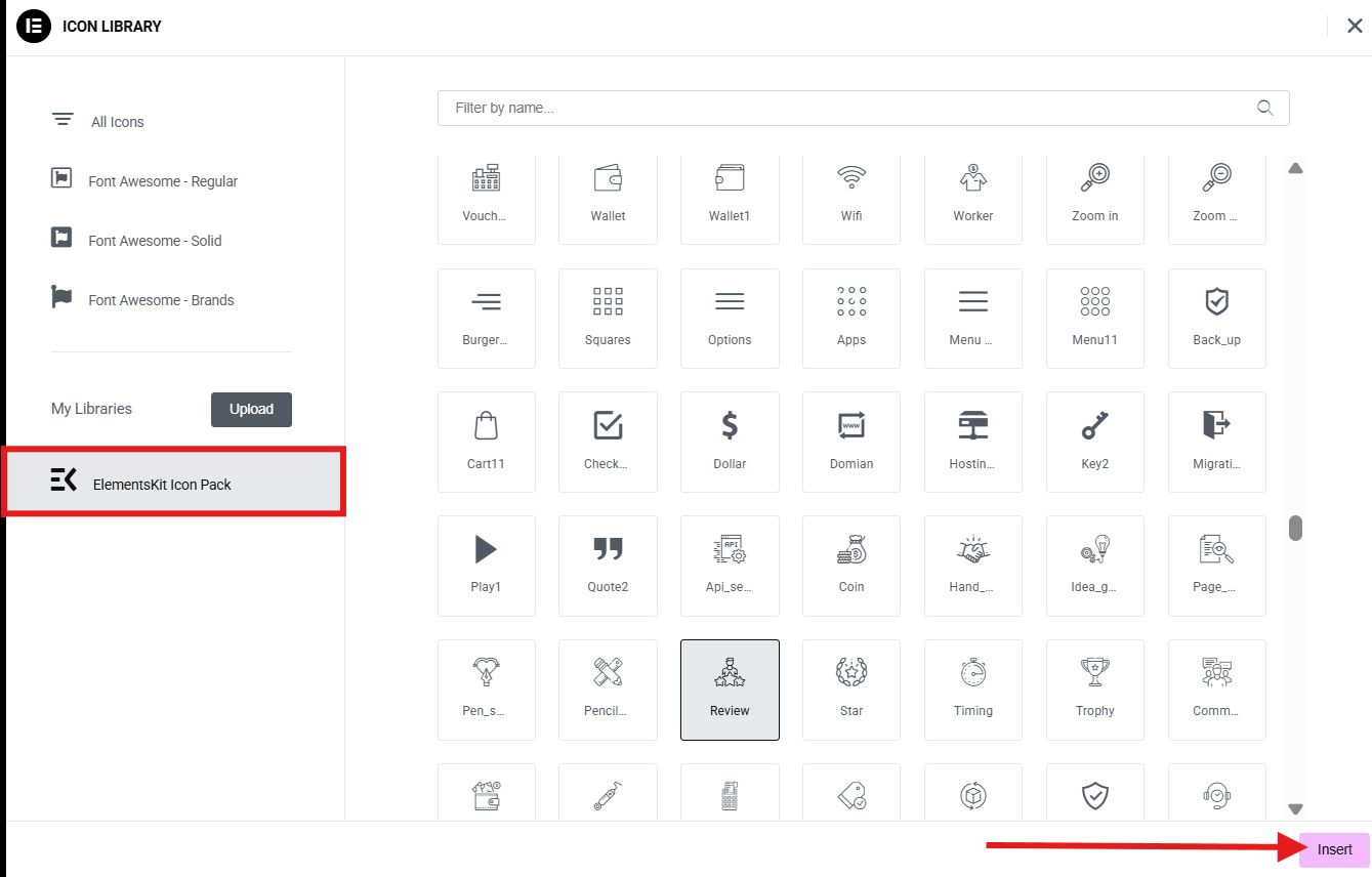 Add icon from the ElementsKit icon pack