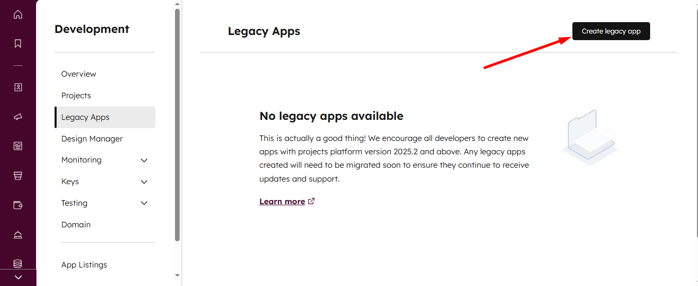 Click on the create legacy App button