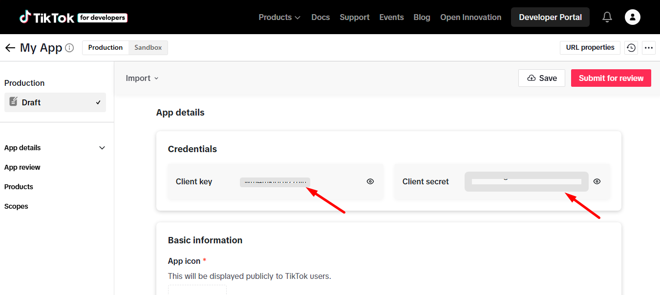 Copy the client key and client secret key