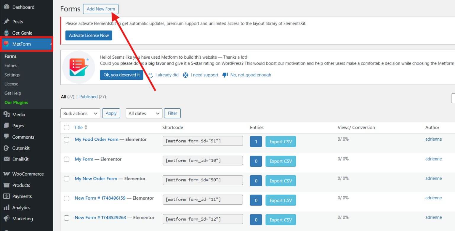 Create new form with Elementor