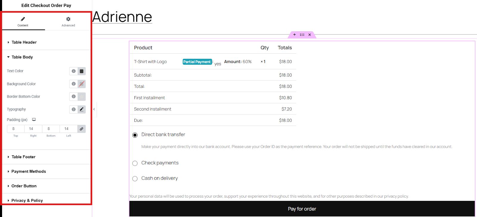 Customize pay template using content settings