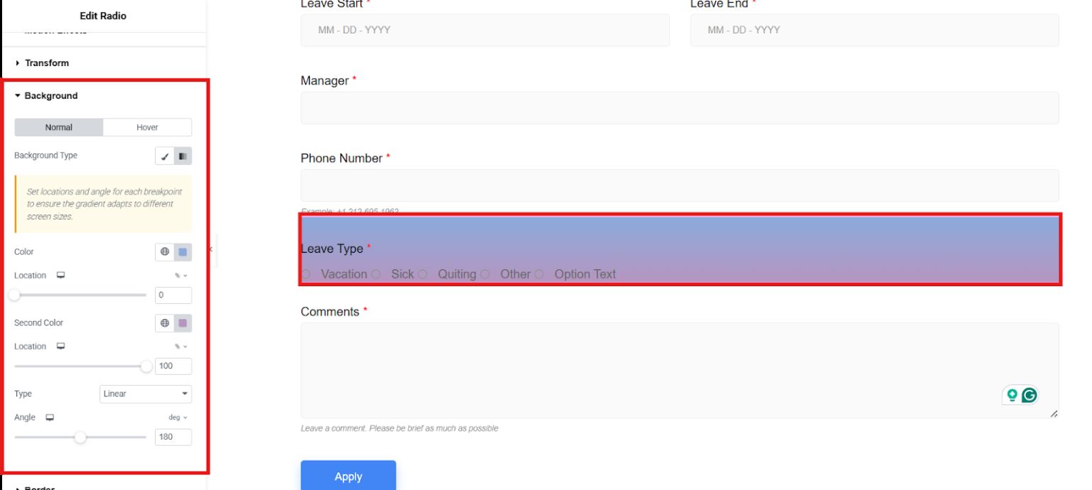Design form with advanced settings