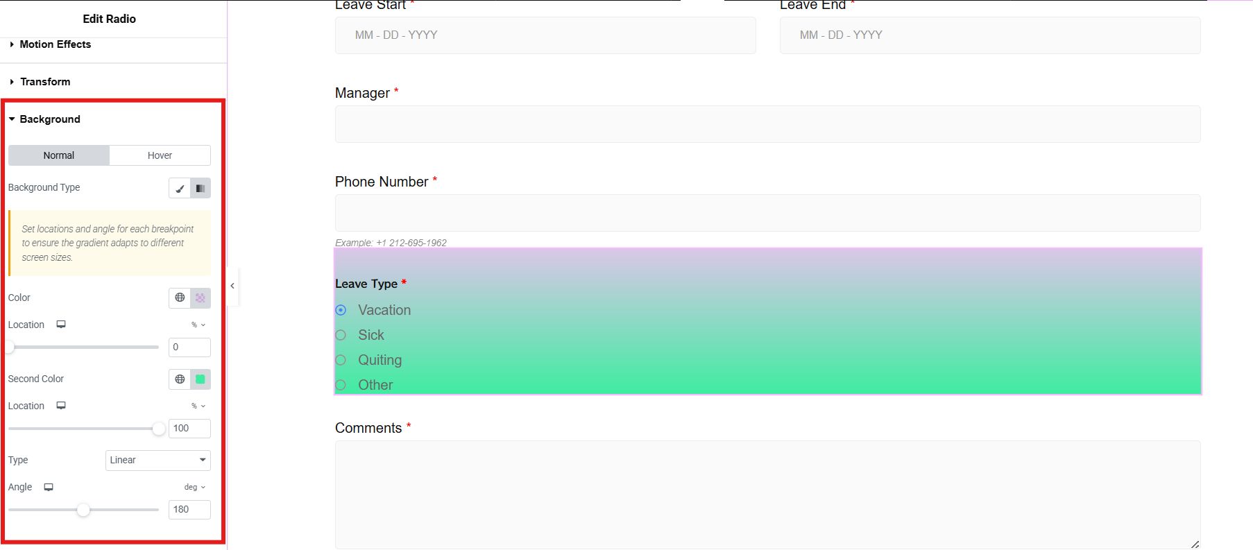 Design leave request form using the advanced settings