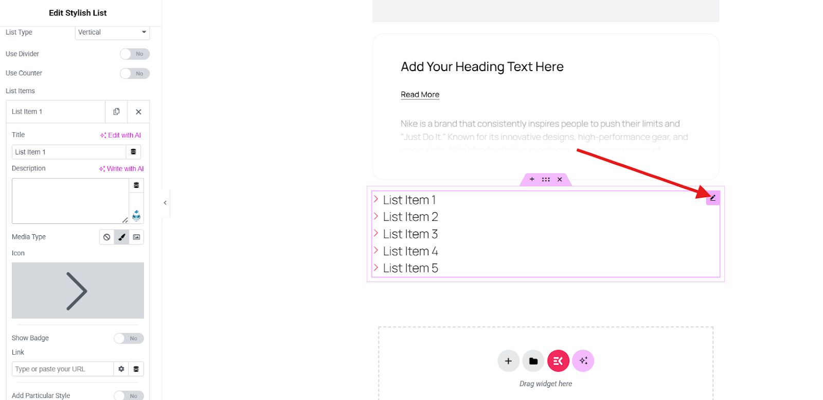 Edit icon to open the settings panel and customize your stylish widget.