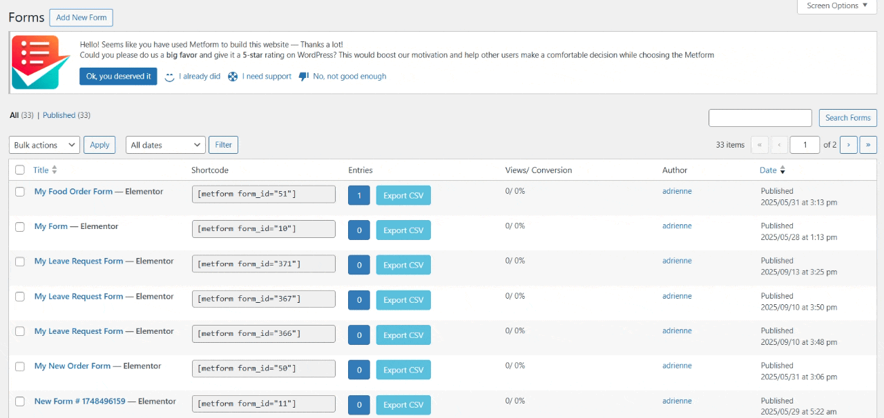Form settings for leave request form