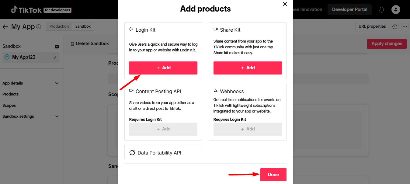 From products add Login Kit