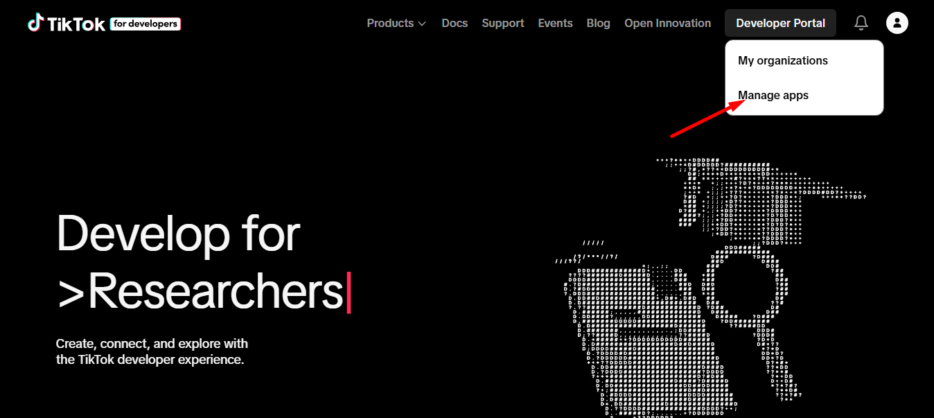 From the developer portal select manage apps
