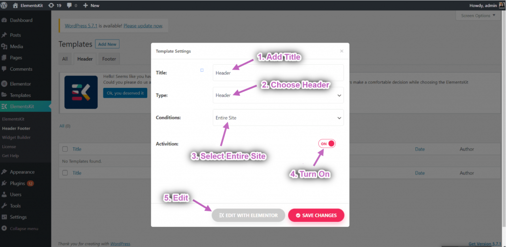 Activate header footer builder