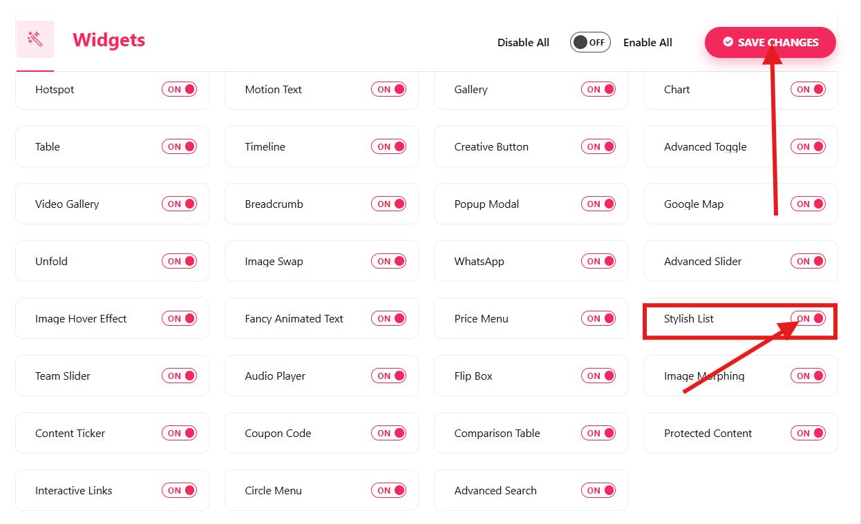 Toggle stylish list and save changes