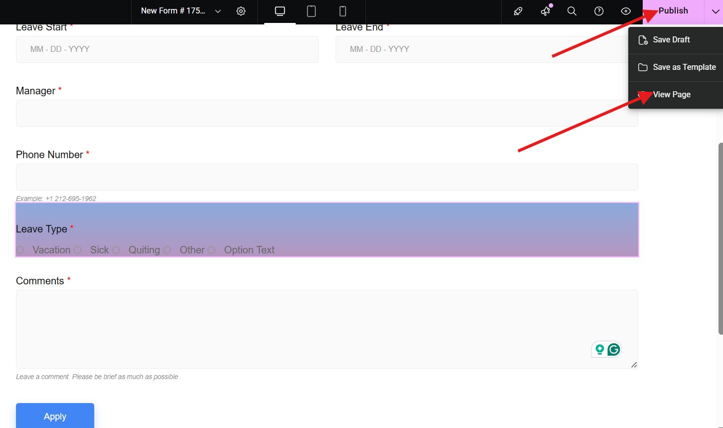 Preview and publish leave request form