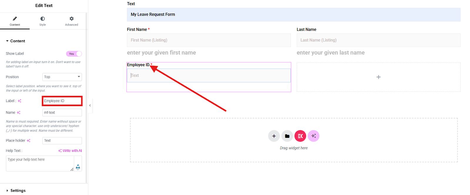 Replace form field label