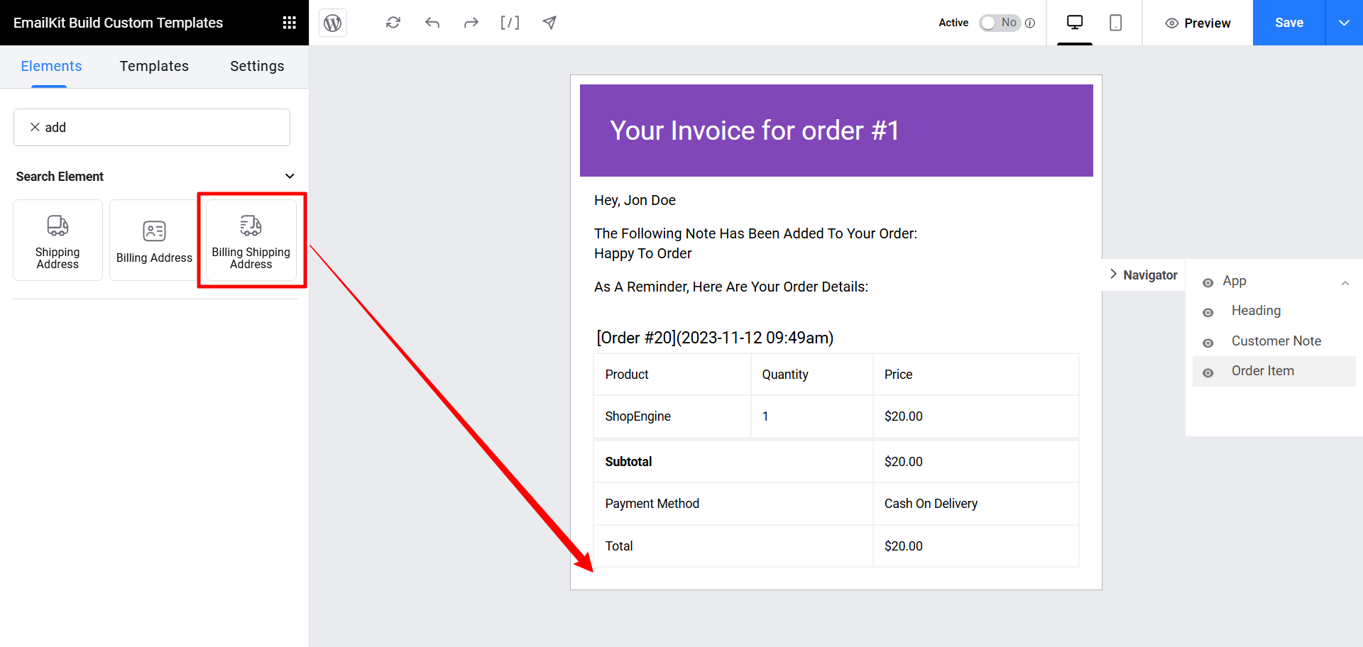 drag and drop Billing and Shipping Address element for WooCommerce customer invoice email