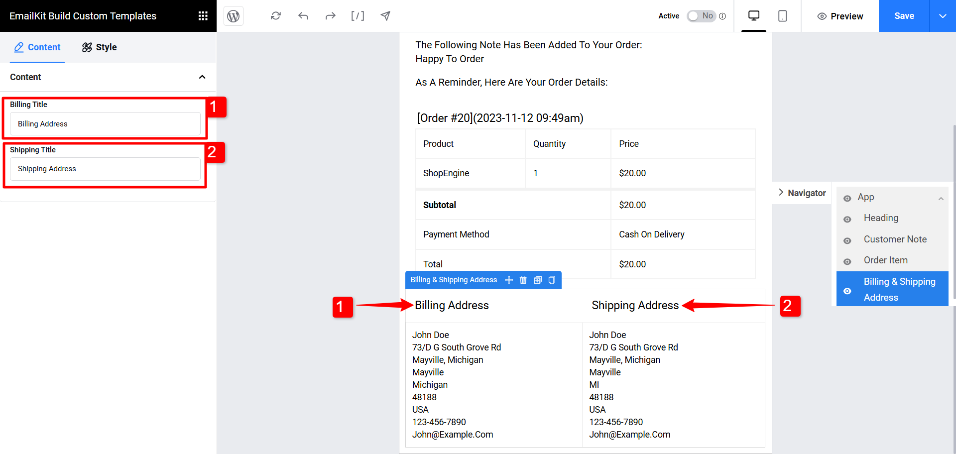 customize Billing and Shipping Address for WooCommerce customer invoice email