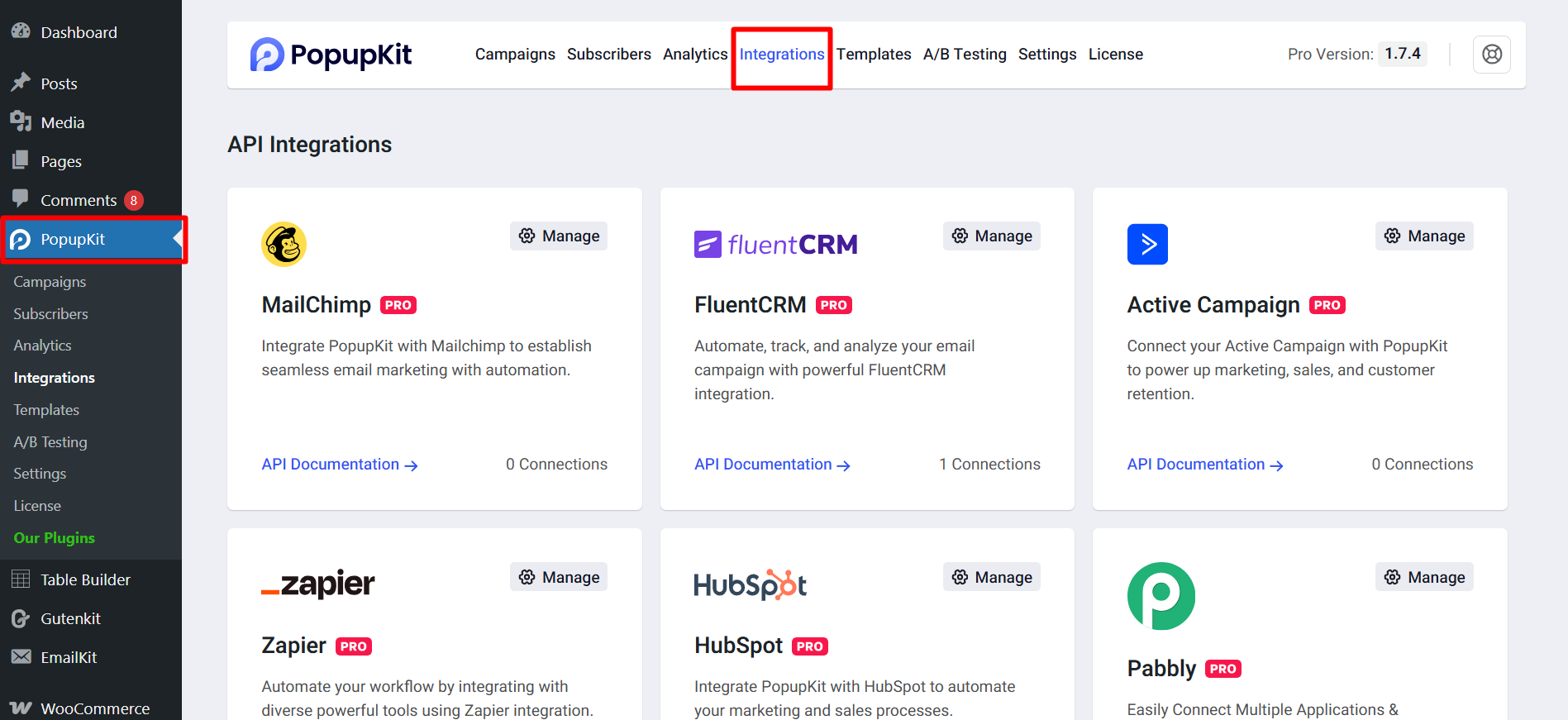Access your WordPress dashboard, navigate to PopupKit. and select the Integrations tab