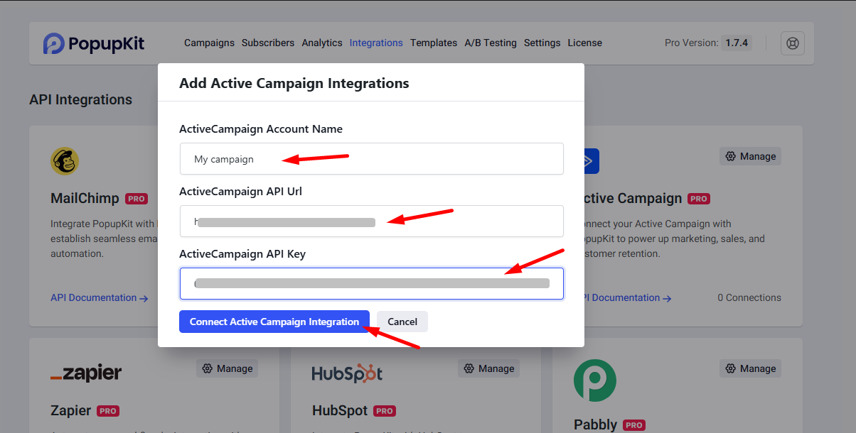 Insert Active Campaign integrations details and connect